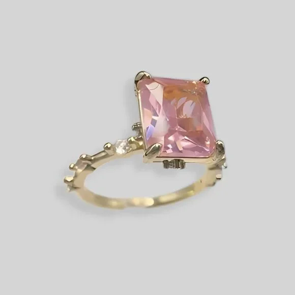Princess Cut Pink CZ Ring Gold Plated Brass Size 6 - Picture 11 of 13